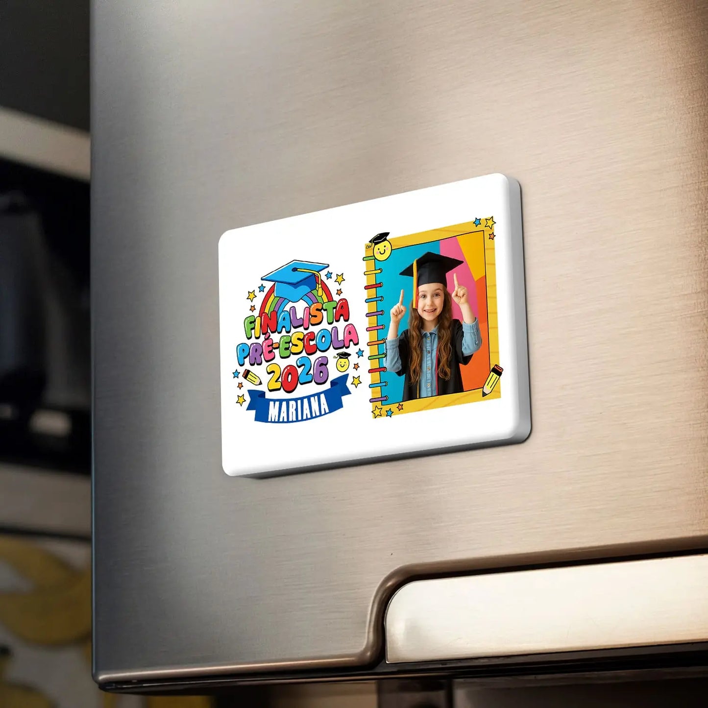 íman personalizado com fotografia, nome e ano