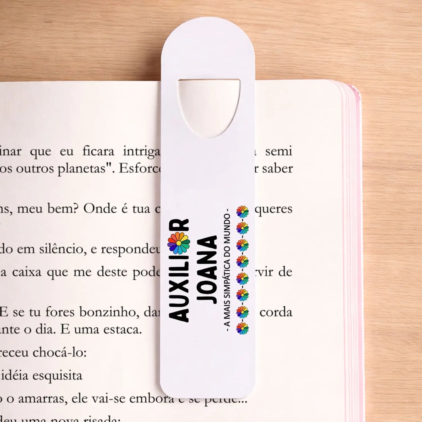 marcador de livro auxiliar personalizado com nome e frase