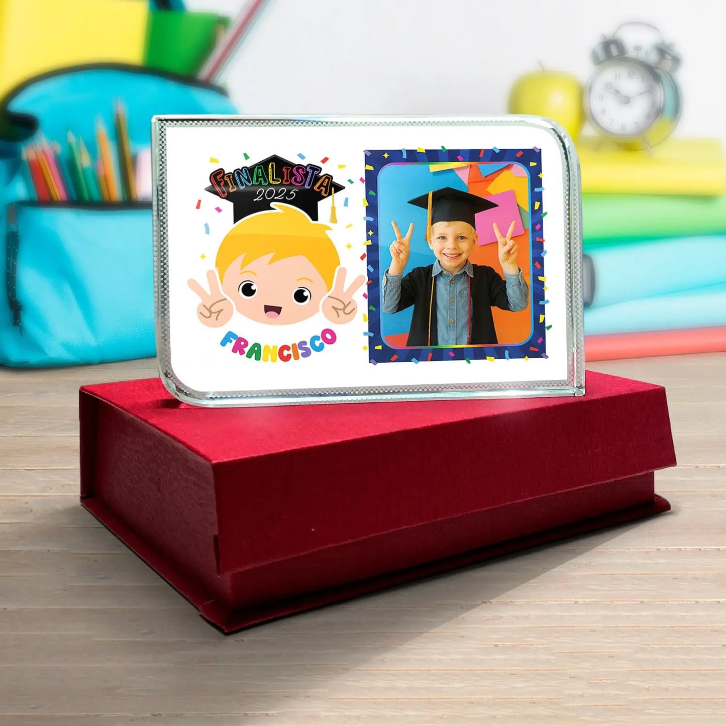 moldura de cristal 3D finalista personalizada com fotografia, nome e ano