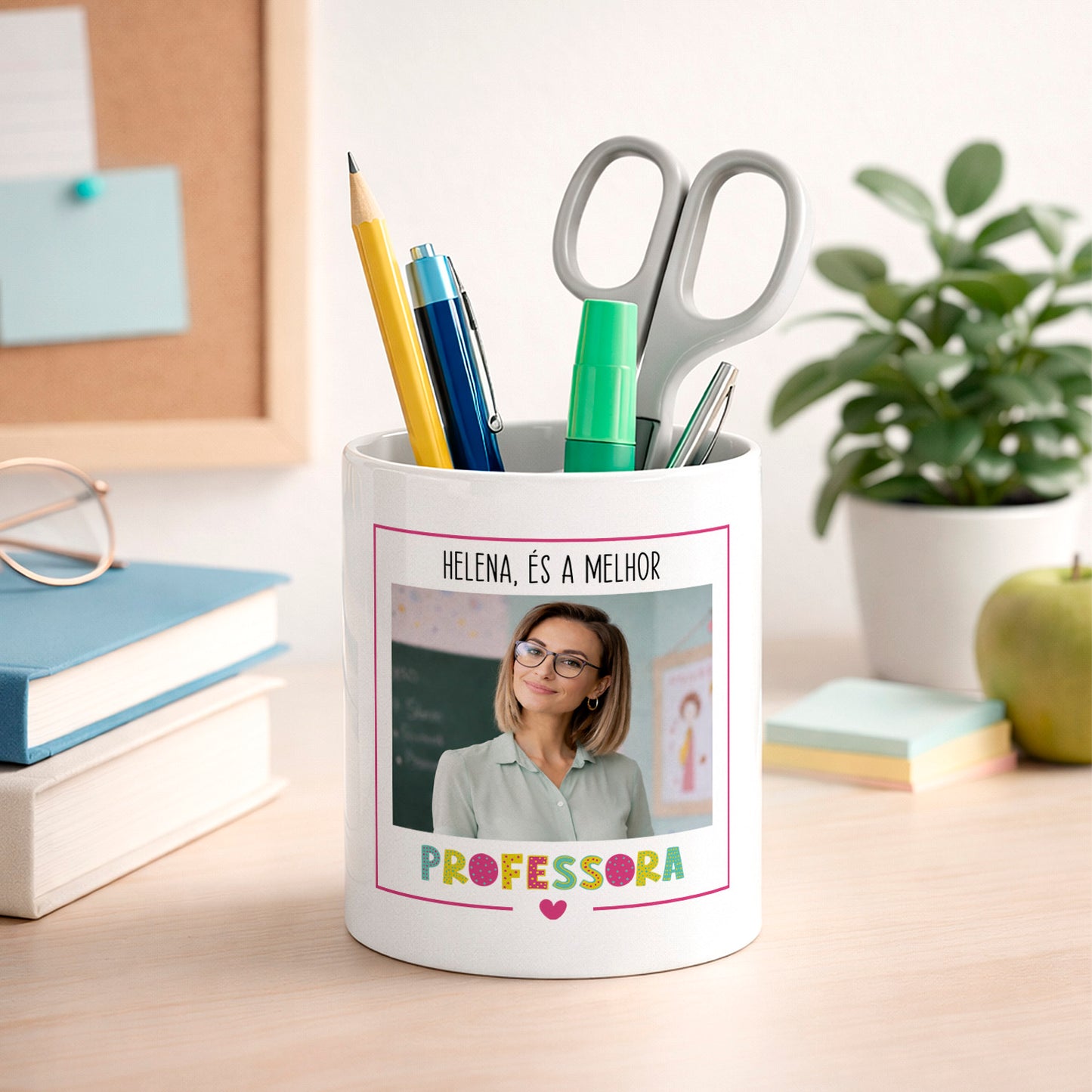 porta lápis professora personalizado com nome e fotografia