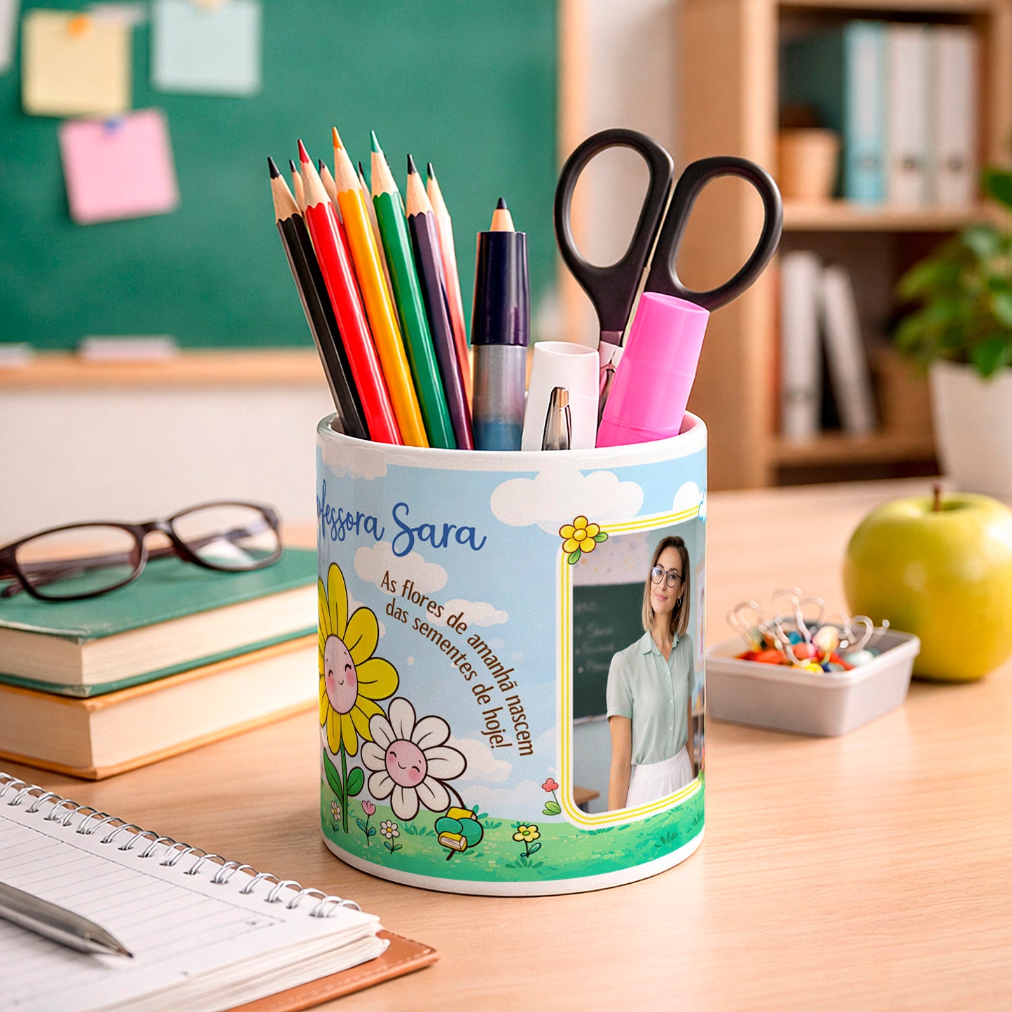 porta lápis professora personalizado com fotografia e nome