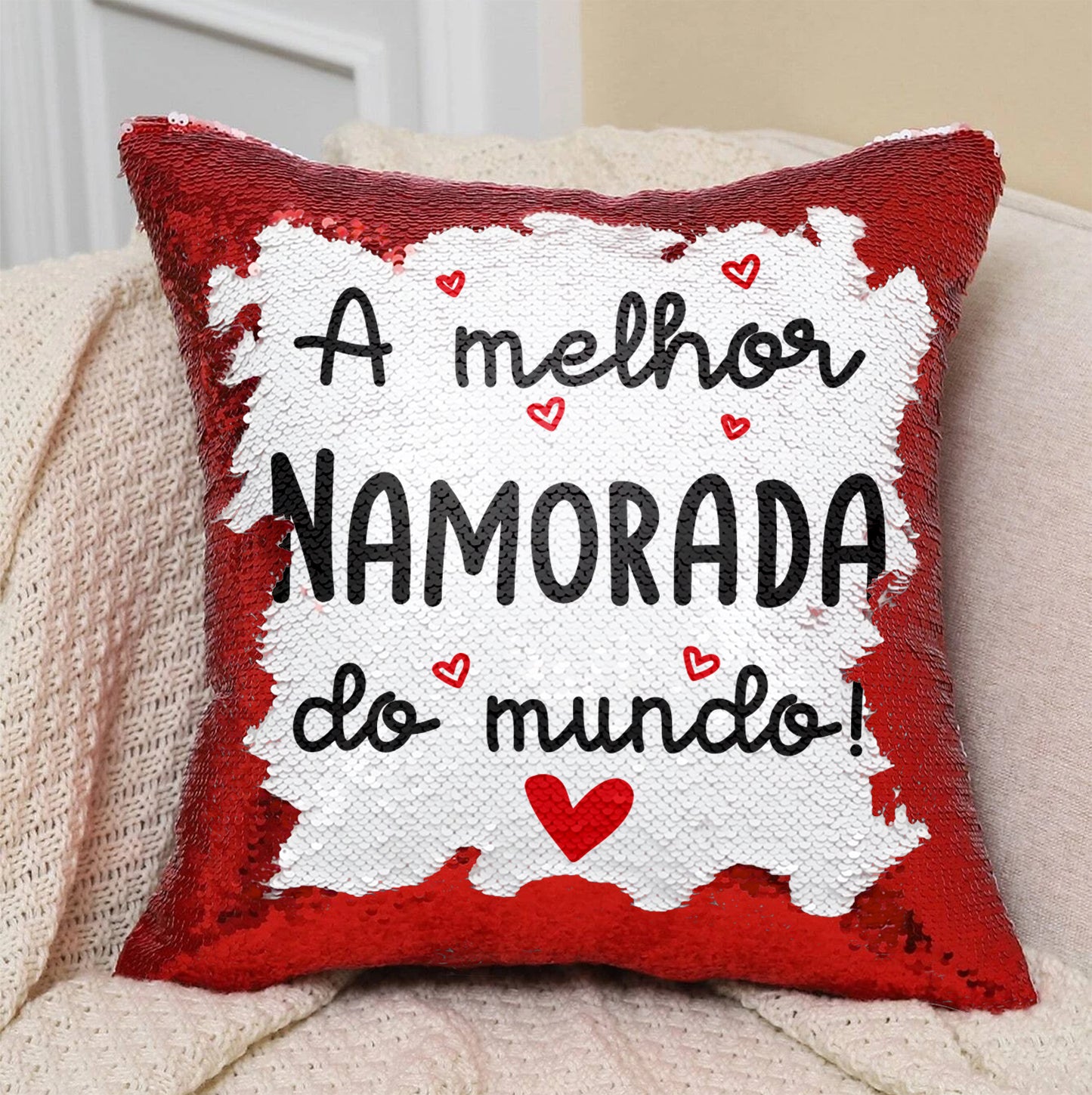 Almofada lantejoulas "O(a) melhor namorado(a) do mundo"