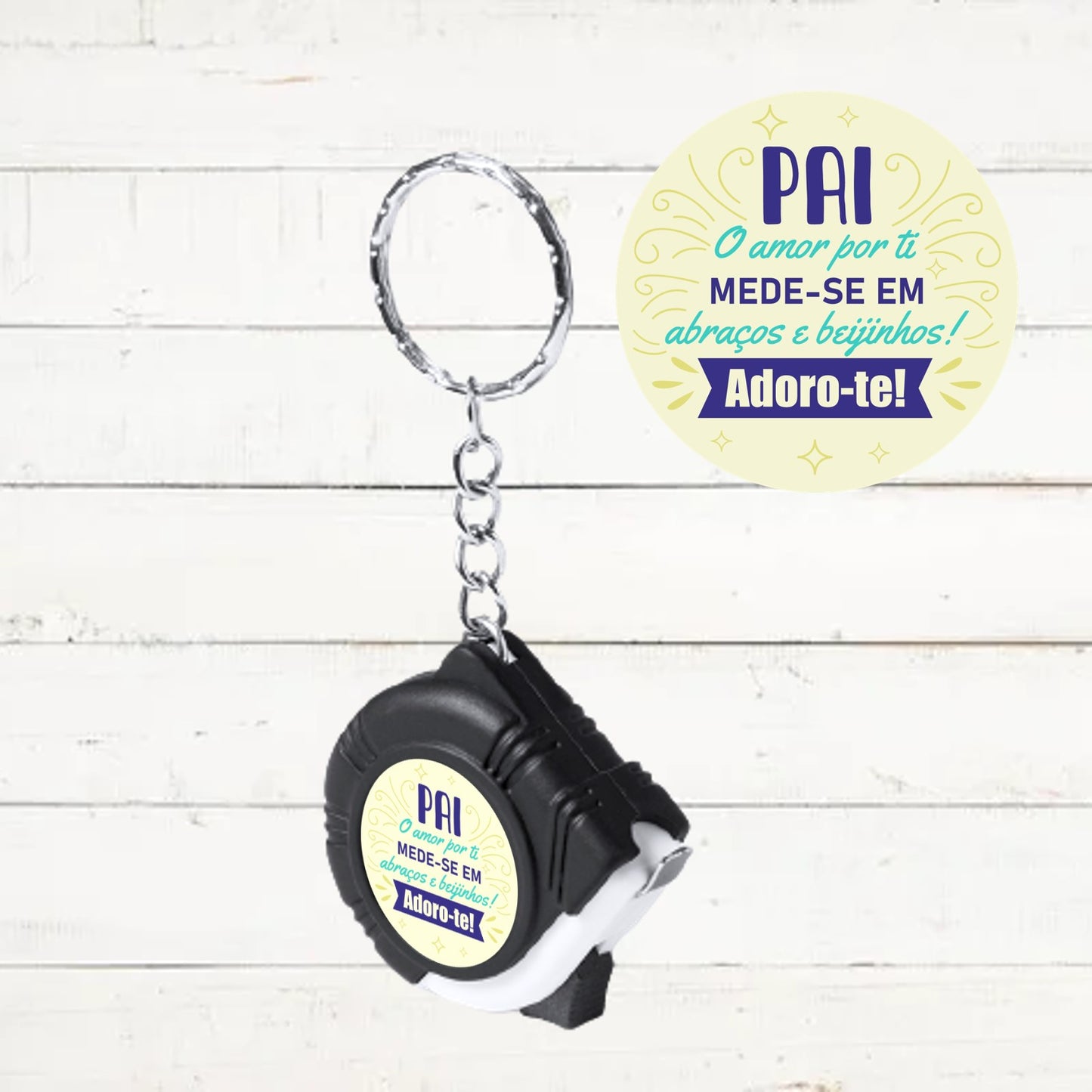 Porta-chaves fita métrica "Pai o amor por ti mede-se em abraços e beijinhos"
