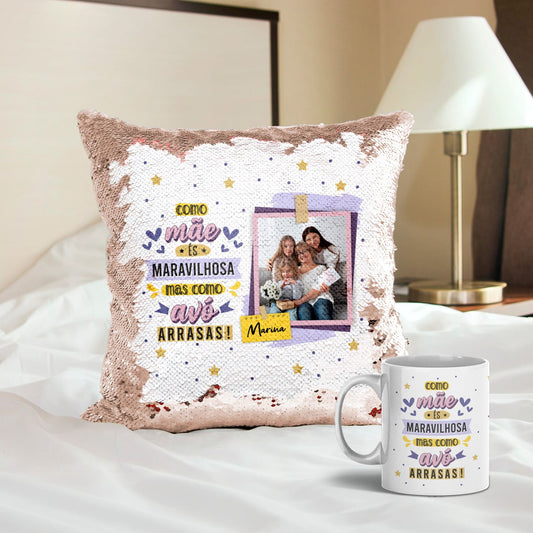 Almofada Lantejoulas e/ou Caneca "Como Avô-Avó Arrasas"