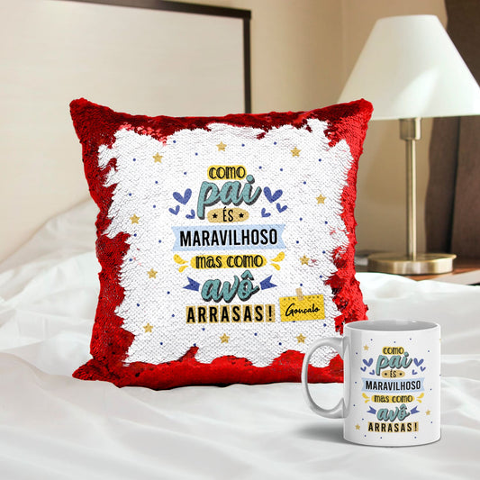 Almofada Lantejoulas e/ou Caneca "Como Avô-Avó Arrasas"