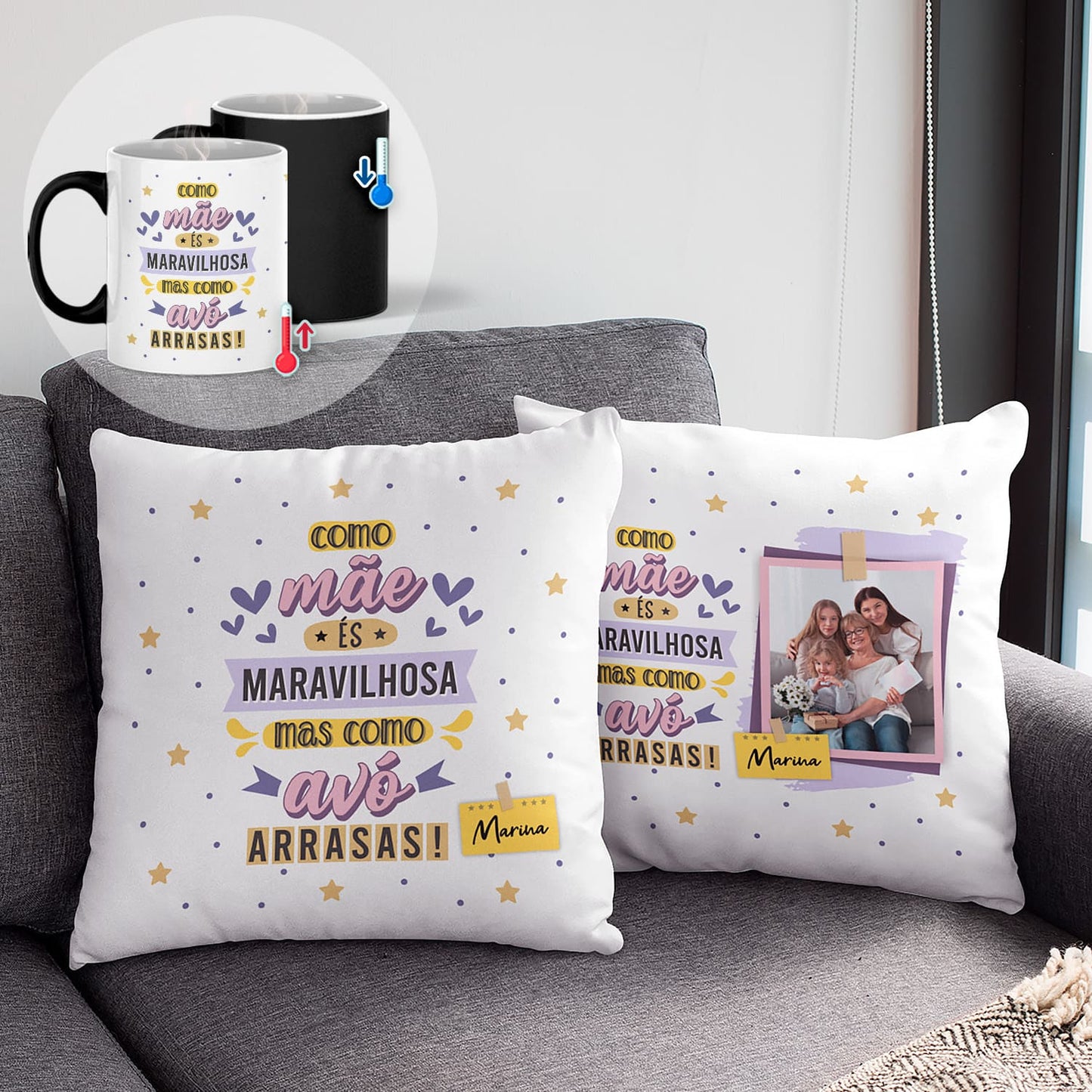 Almofada e/ou Caneca Mágica "Como Avô-Avó Arrasas"