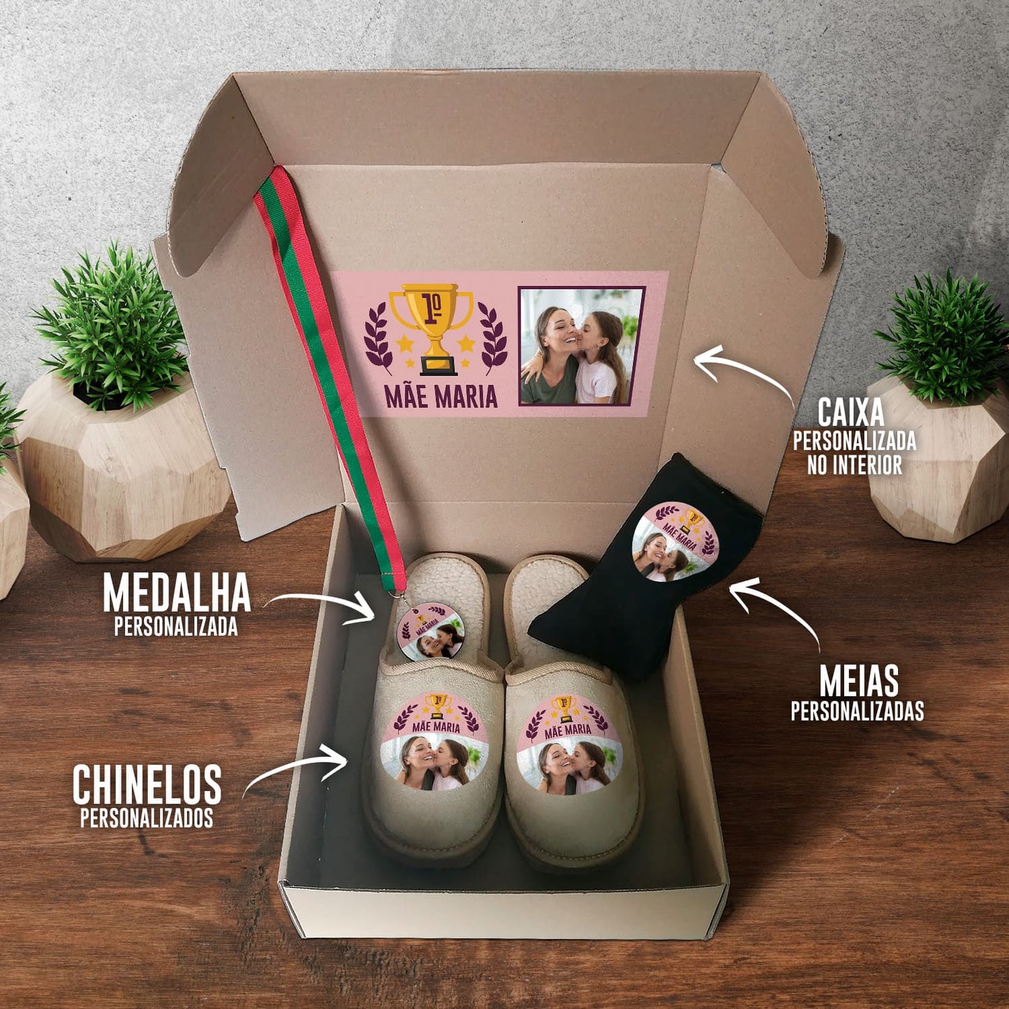 Box Medalha + Chinelos + Meias "1º Lugar"