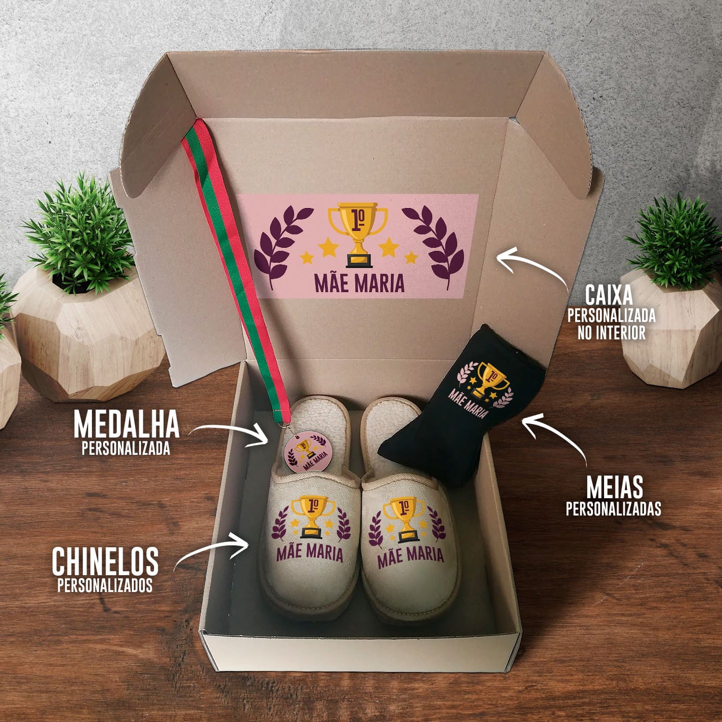 Box Medalha + Chinelos + Meias "1º Lugar"