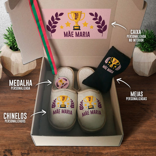 Box Medalha + Chinelos + Meias "1º Lugar"