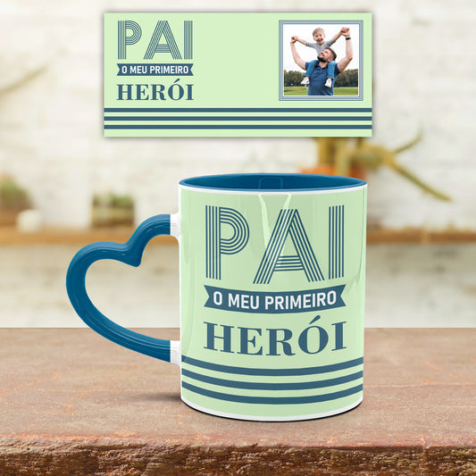 Caneca Pega Coração "Pai o meu primeiro herói"