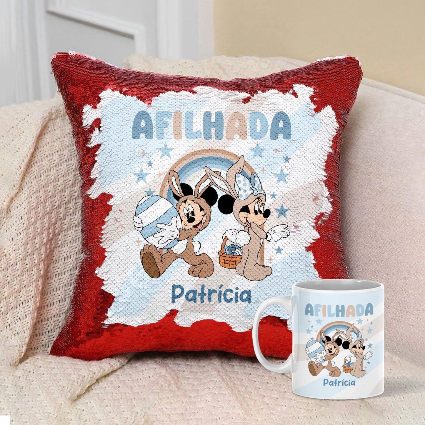 Almofada Lantejoulas e/ou Caneca "Páscoa Animada"