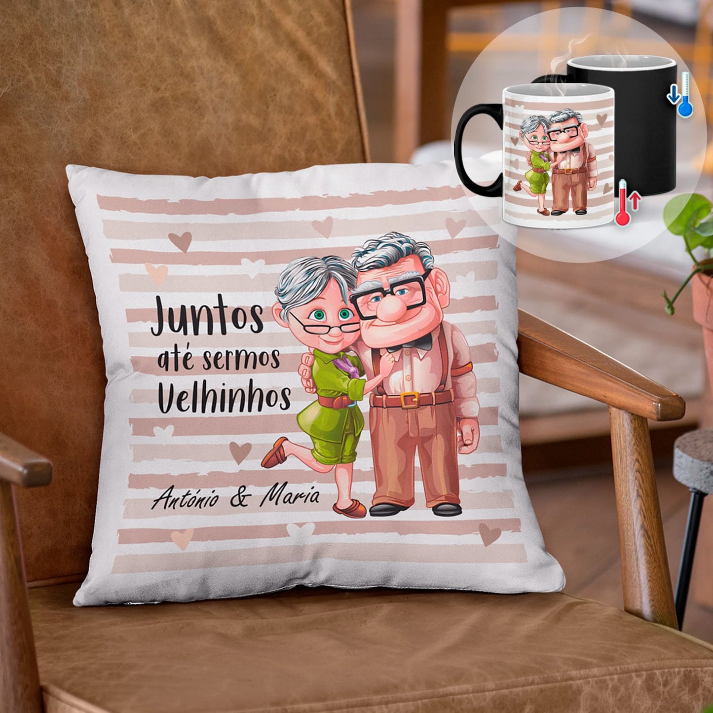 Almofada e/ou Caneca Mágica "Juntos até sermos velhinhos"