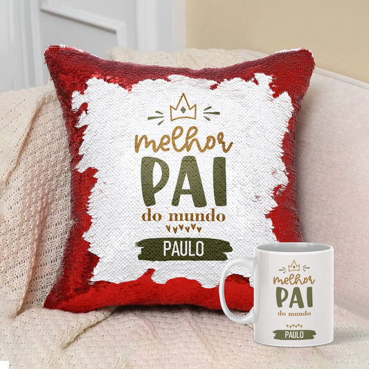 Almofada Lantejoulas e/ou Caneca "Melhor do Mundo ♡"