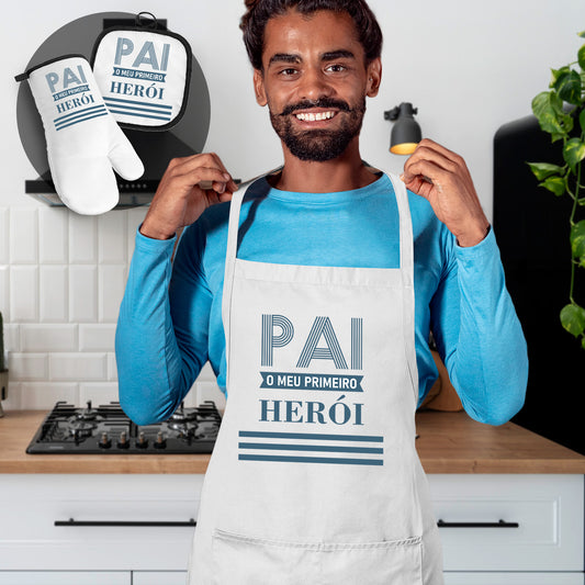 Avental e/ou Luva+Pega "Pai o meu primeiro herói"