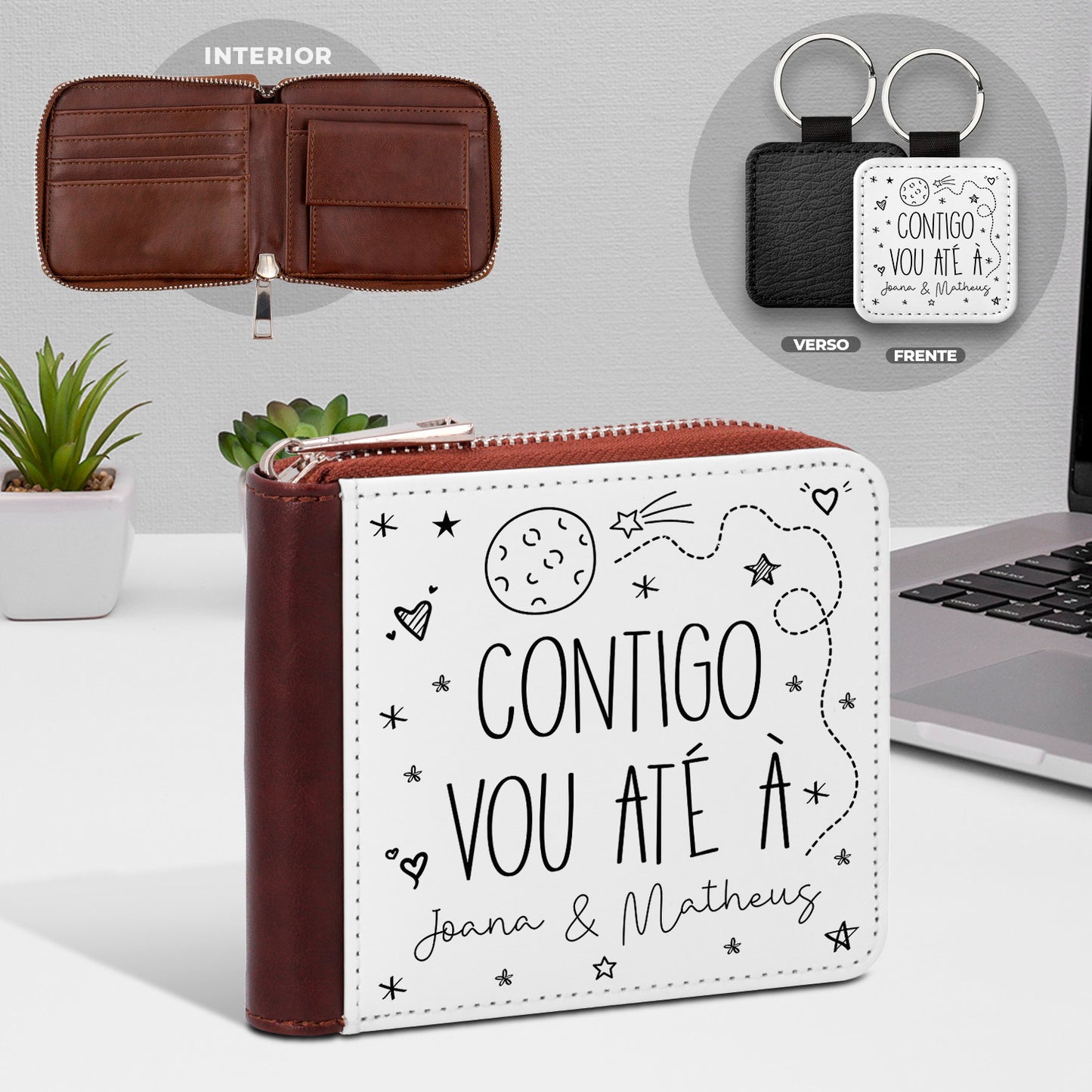 Carteira de homem e/ou Porta-chaves "Contigo vou até à lua"
