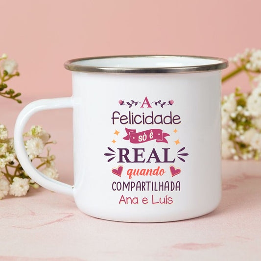 Caneca de Esmalte "Felicidade Compartilhada"