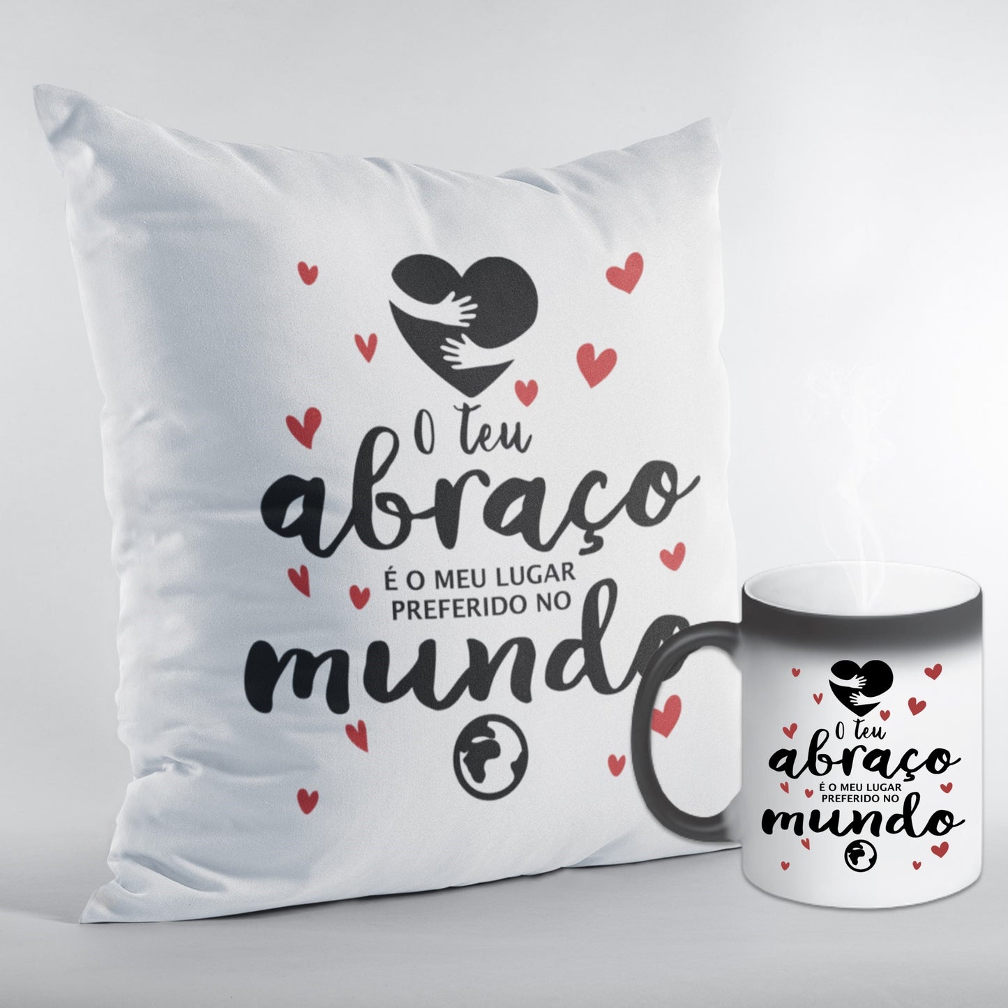 Conjunto almofada + caneca mágica "O teu abraço"