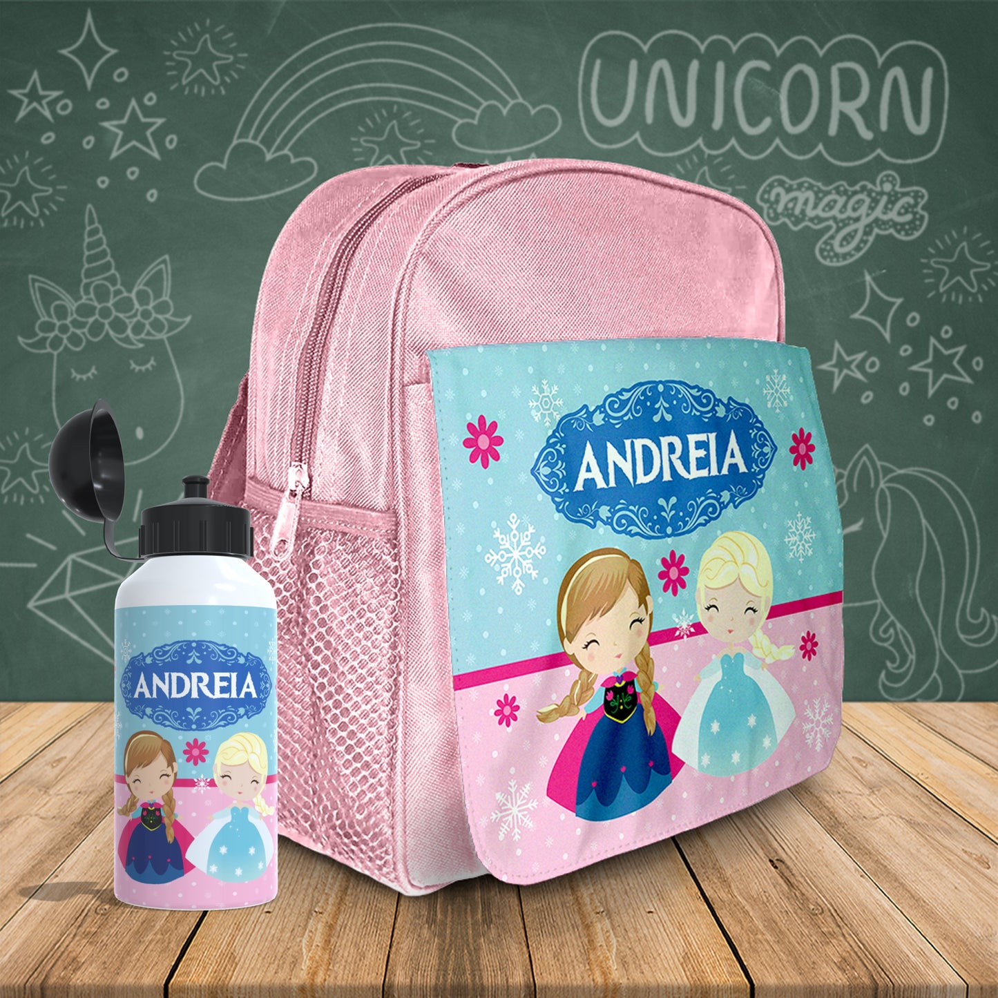 Mochila e/ou Garrafa "Princesas do Gelo"