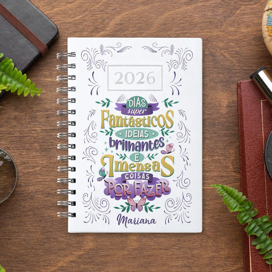 Agenda diária 2026 de argolas personalizada com nome. Capa PU acolchoado, formato A5.