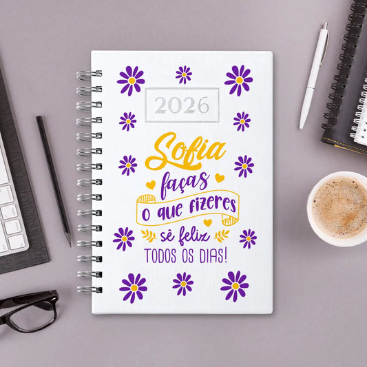 Agenda diária 2026 de argolas personalizada com nome. Capa PU acolchoado, formato A5.