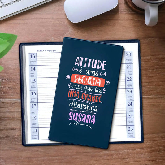 Agenda de bolso 2026 personalizada com nome. Capa em PVC, formato A6.