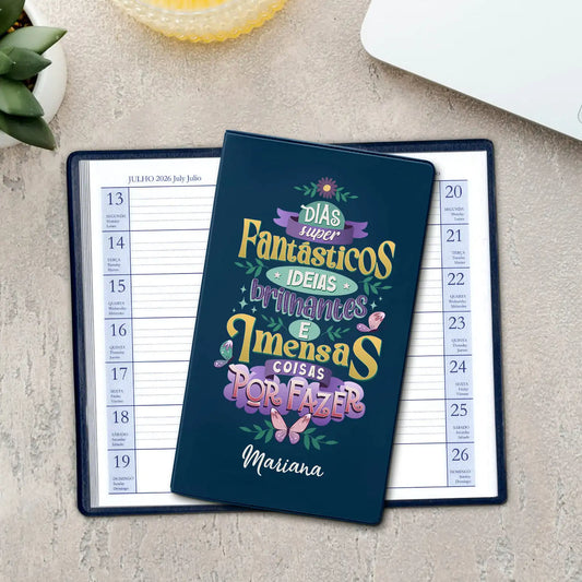Agenda de bolso 2026 personalizada com nome. Capa em PVC, formato A6.