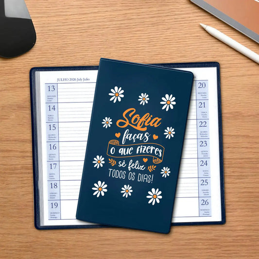 Agenda de bolso 2026 personalizada com nome. Capa em PVC, formato A6.