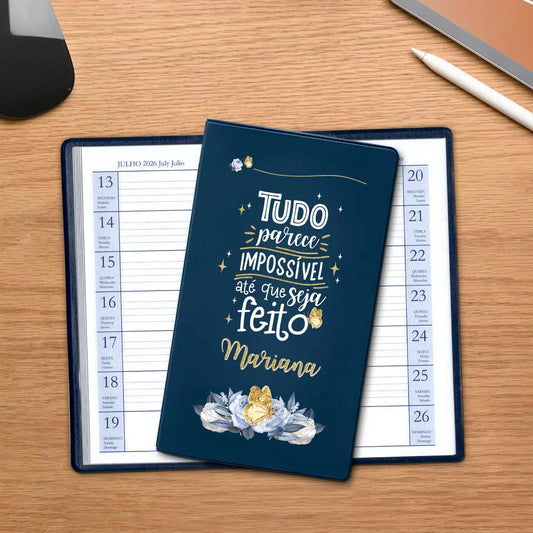 Agenda de bolso 2026 personalizada com nome. Capa em PVC, formato A6.