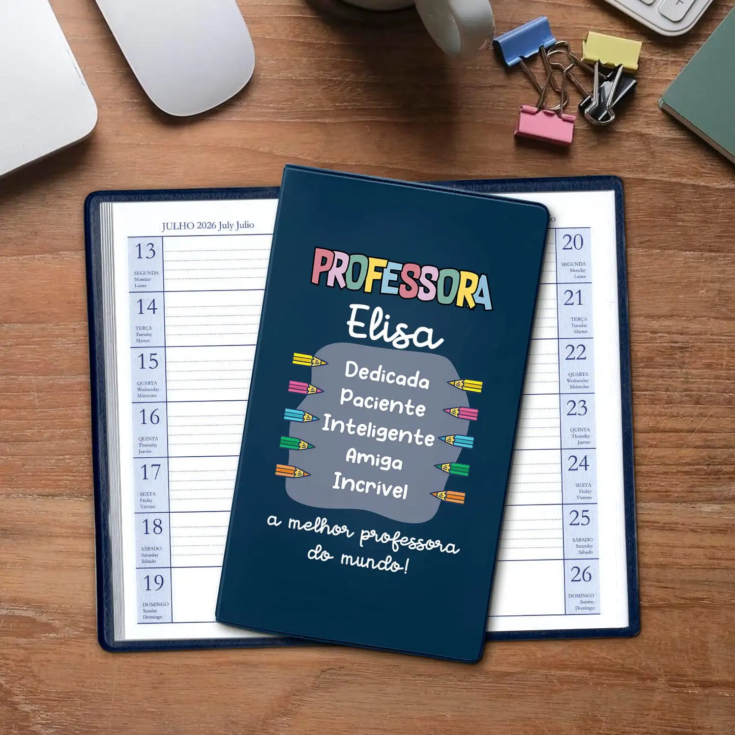 Agenda de bolso 2026 personalizada com nome. Capa em PVC, formato A6.