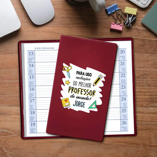 Agenda de bolso 2026 personalizada com profissão e nome. Capa em PVC, formato A6.