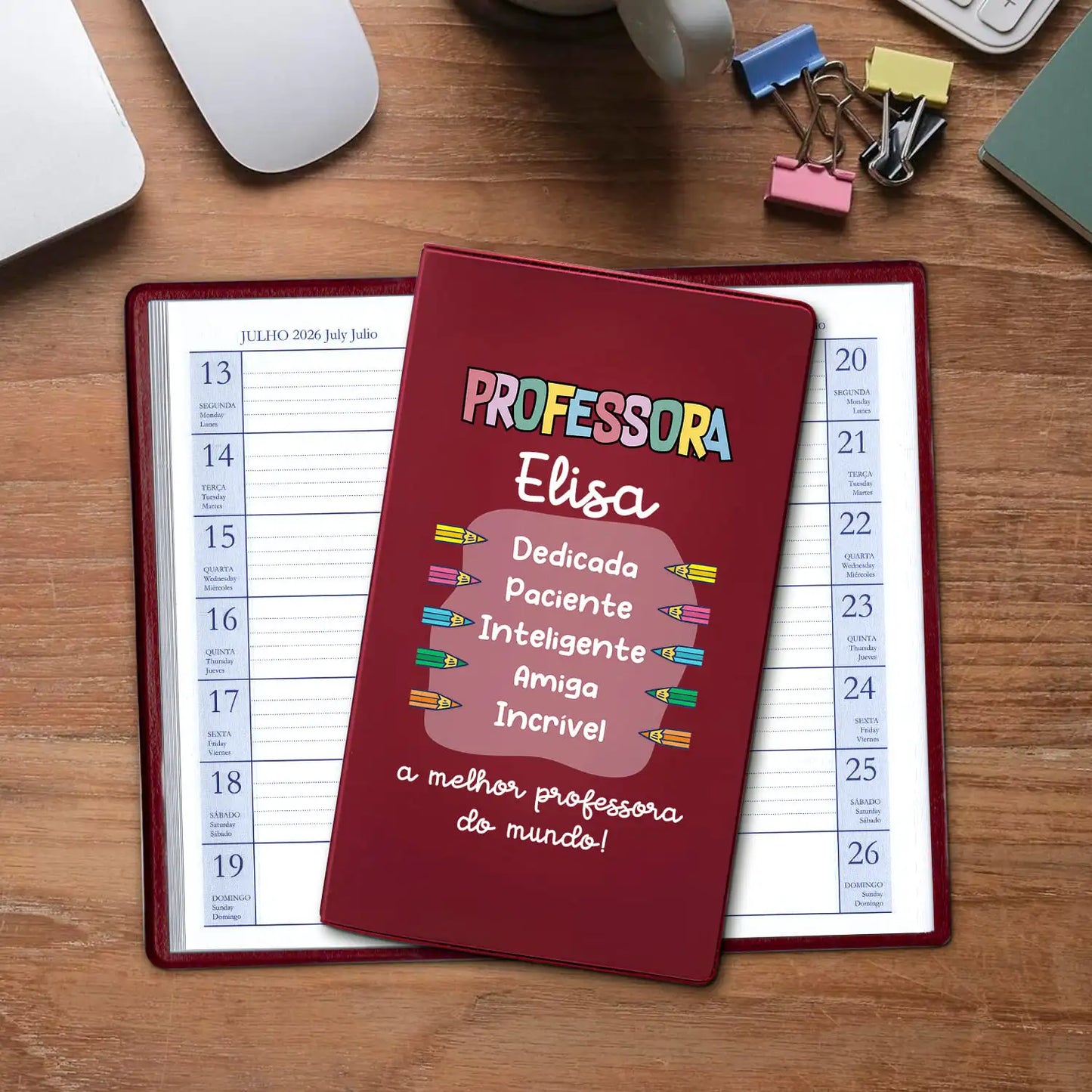 Agenda de bolso 2026 personalizada com nome. Capa em PVC, formato A6.