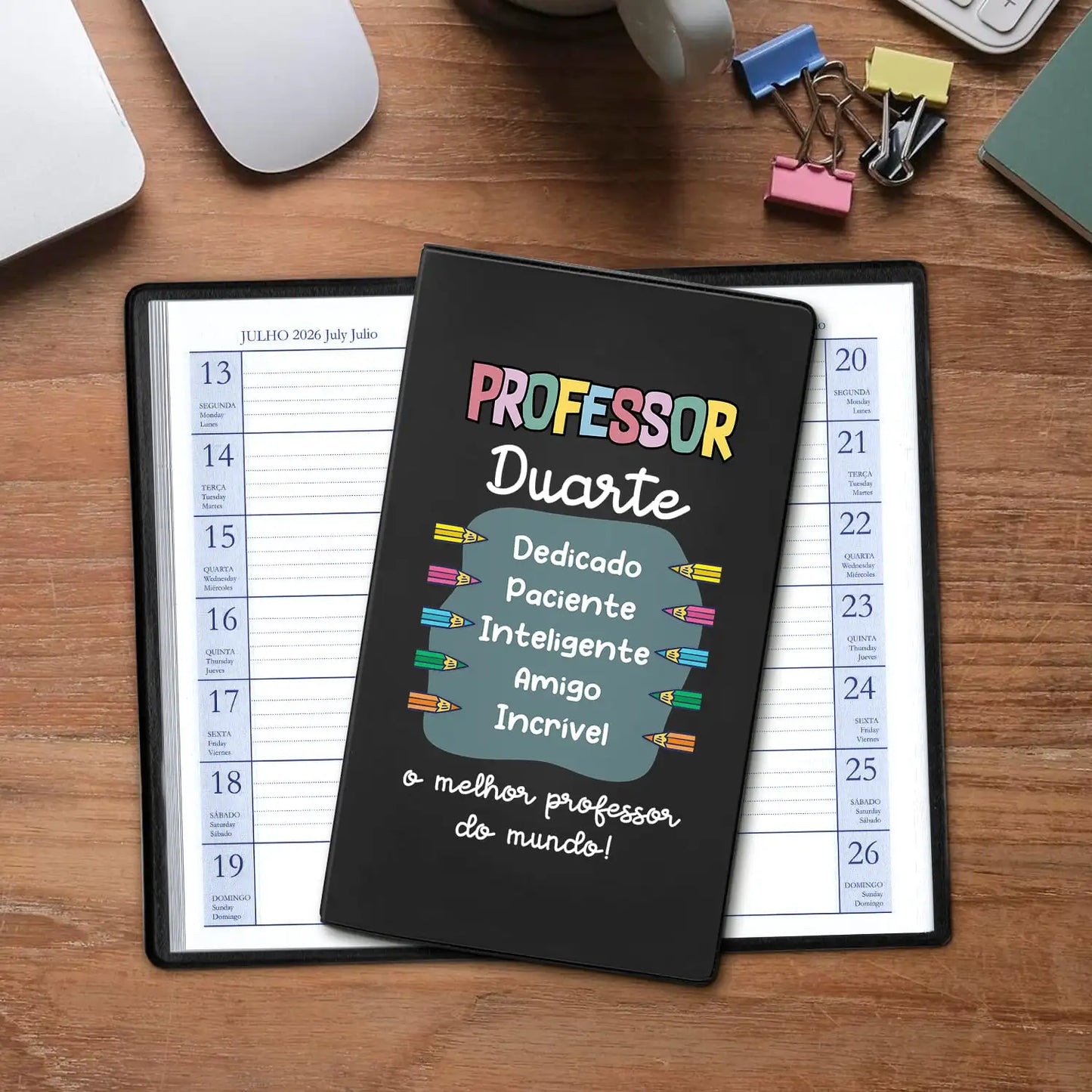 Agenda de bolso 2026 personalizada com nome. Capa em PVC, formato A6.