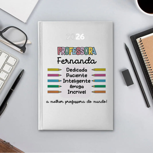 Agenda diária 2026 personalizada com nome. Capa rígida PU, formato A5.