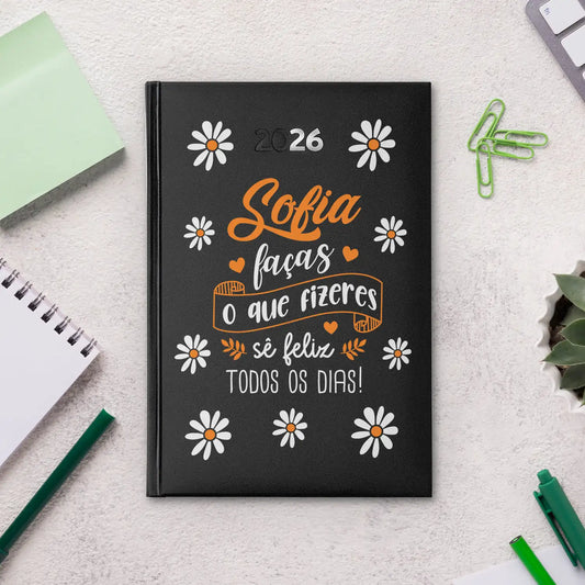 Agenda diária 2026 personalizada com nome. Capa rígida PU, formato A5.