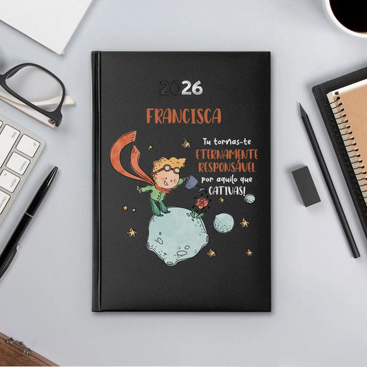 Agenda diária 2026 personalizada com nome. Capa rígida PU, formato A5.