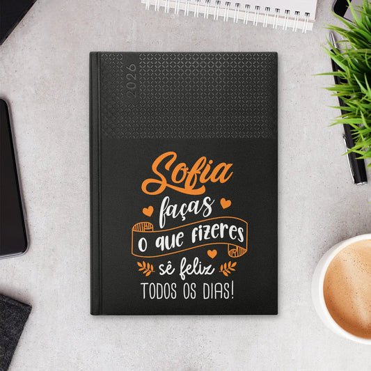 Agenda semanal 2026 personalizada com nome. Capa em PU, formato A5+.