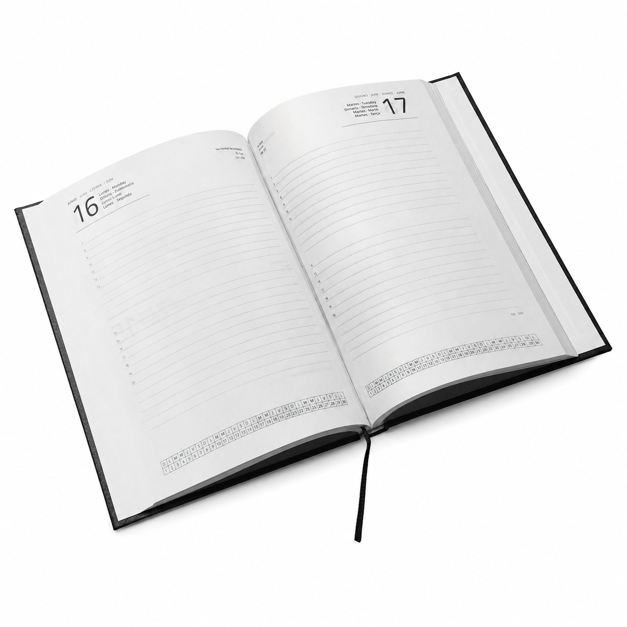 Agenda diária 2027 com capa rígida PU, formato A5.