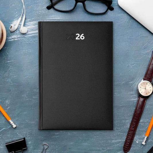 Agenda diária 2026. Capa rígida PU, formato A5.
