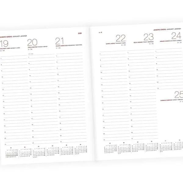 Agenda semanal 2026. Capa em PU, formato A5+.