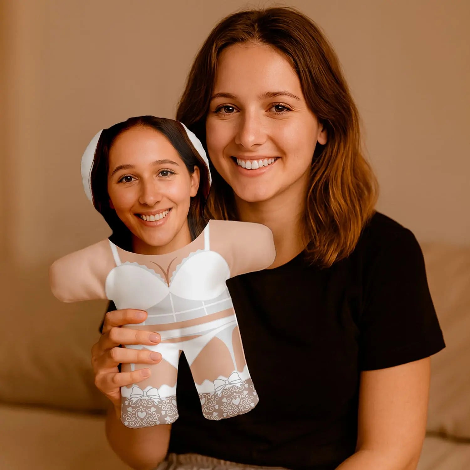 Almofada boneco personalizada MiniTu Sexy Woman com fotografia. Lingerie branca. 