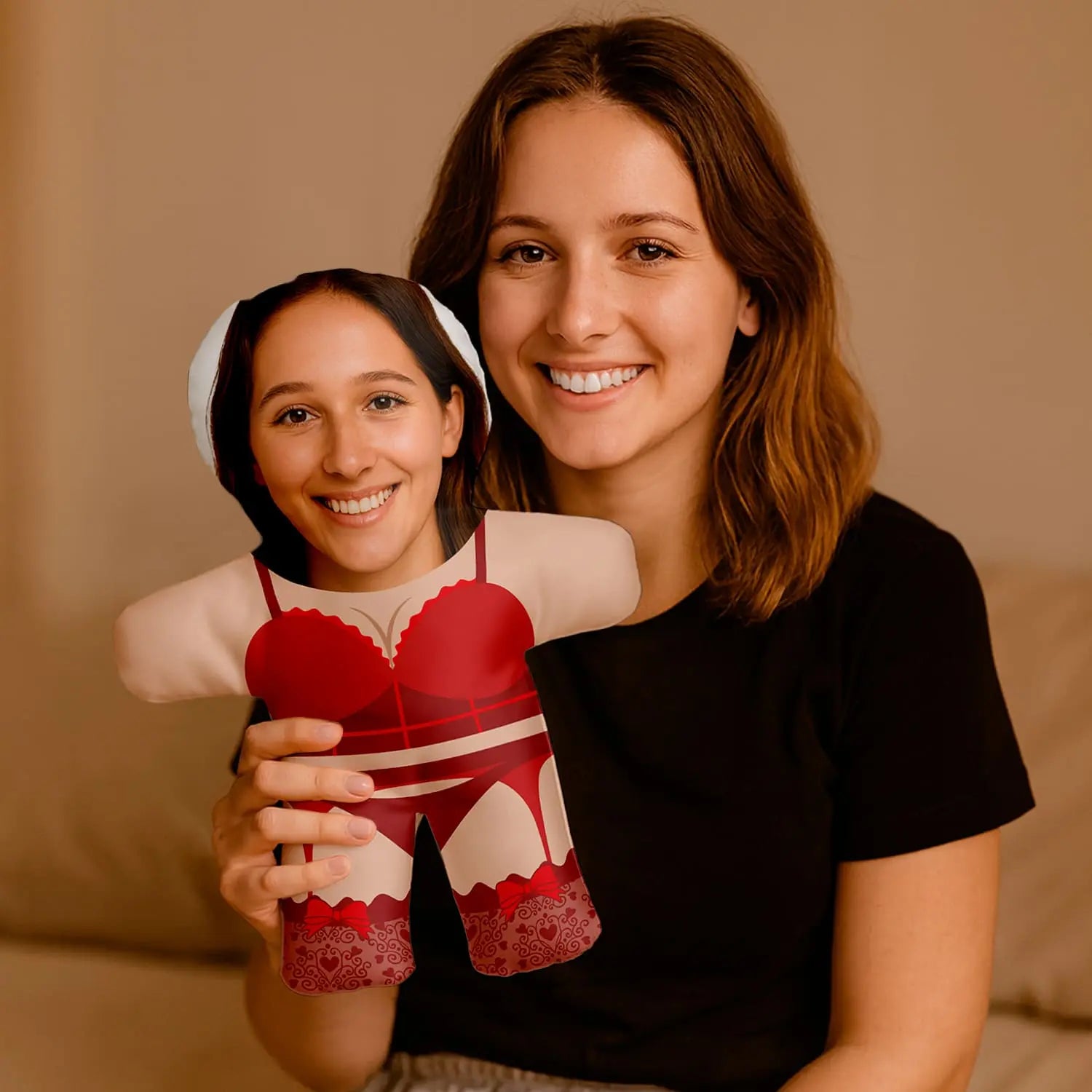 Almofada boneco personalizada MiniTu Sexy Woman com fotografia. Lingerie vermelha. 