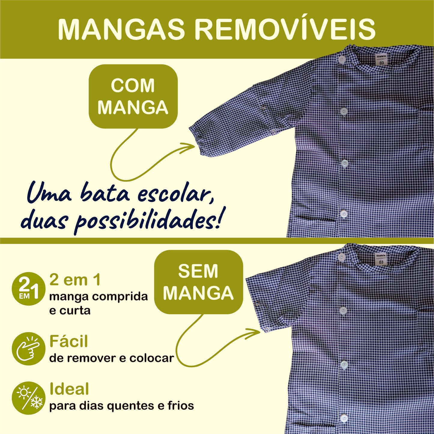 bata escolar menino com manga removível