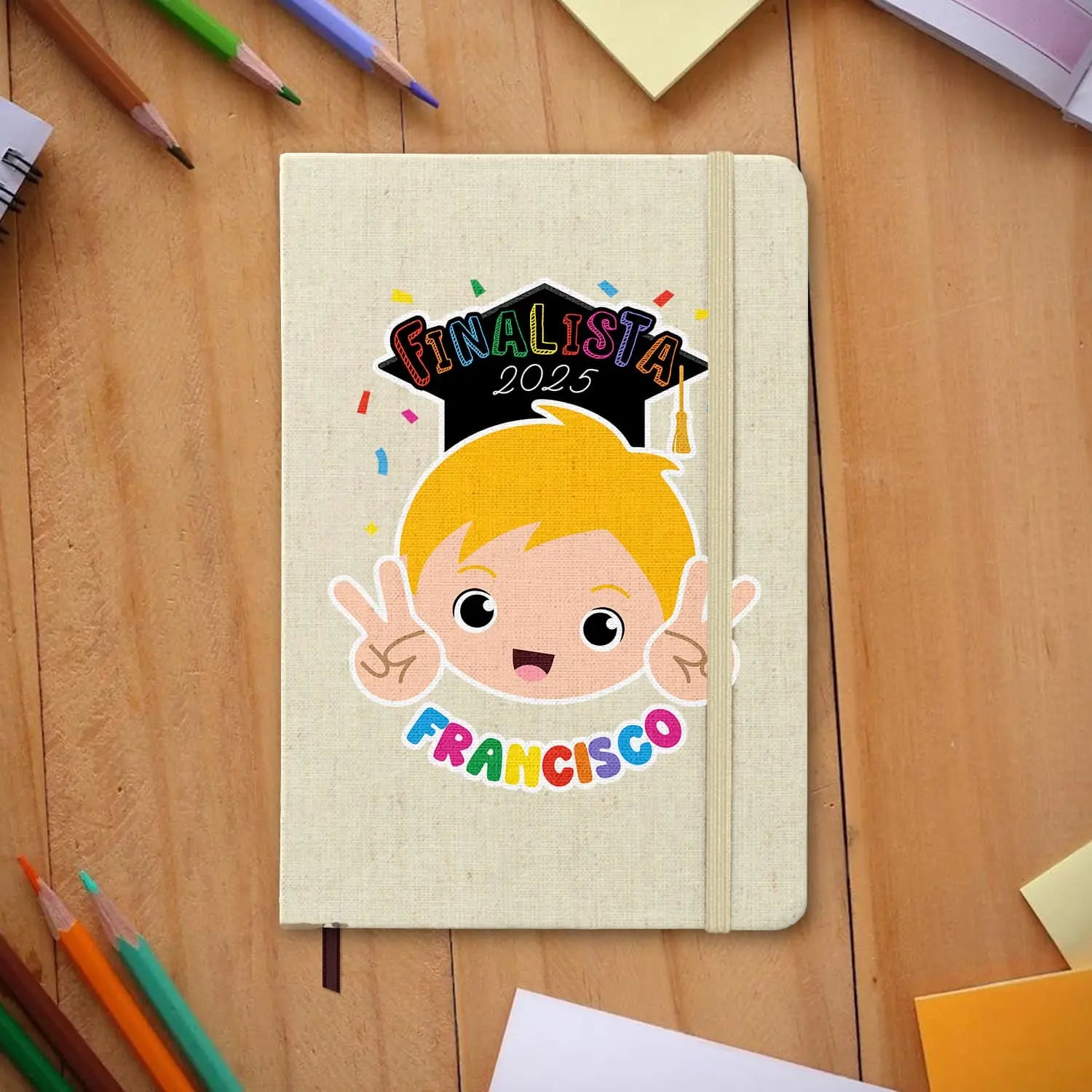 bloco de notas finalista personalizado com nome e ano