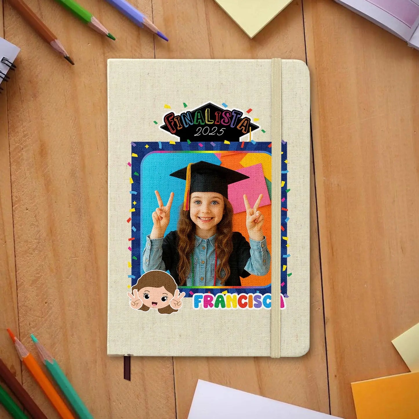 bloco de notas finalista personalizado com fotografia, nome e ano