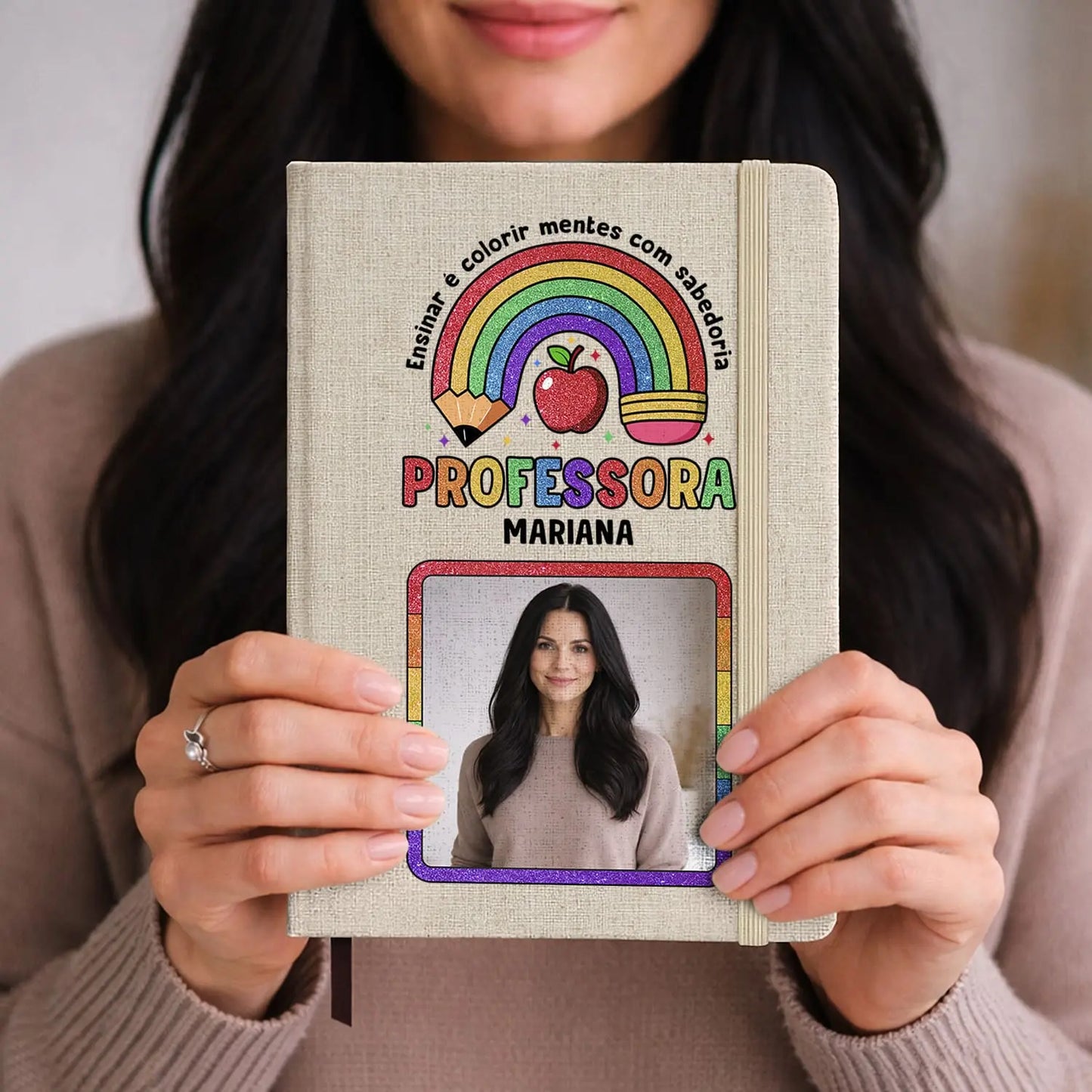 bloco de notas professora personalizado com nome, frase e fotografia