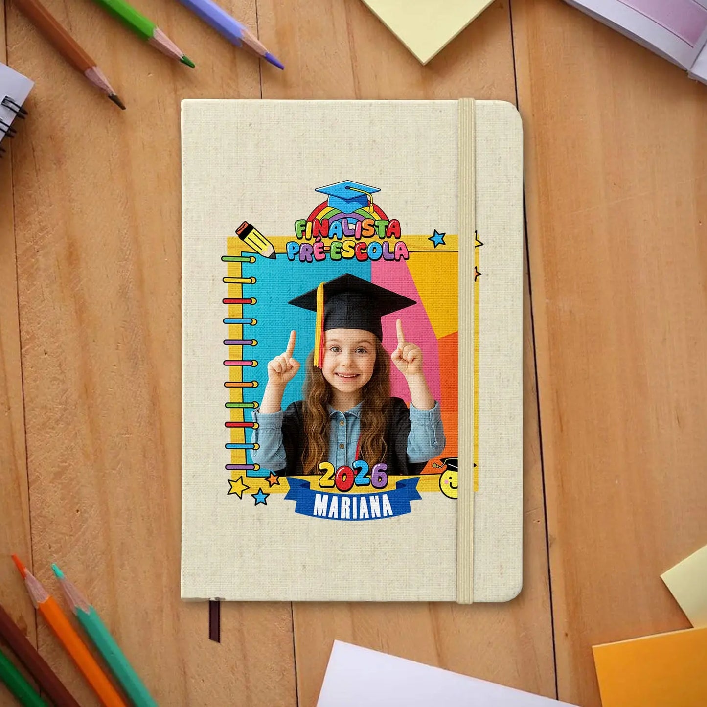 bloco de notas finalista personalizado com fotografia, nome e ano