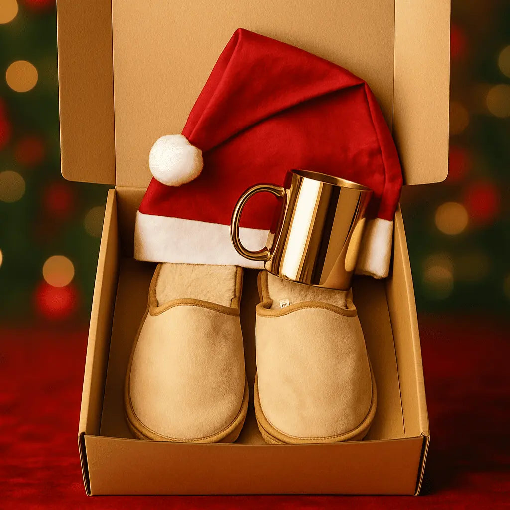 Box Especial de Natal com chinelos bege, caneca dourada e gorro de Natal.