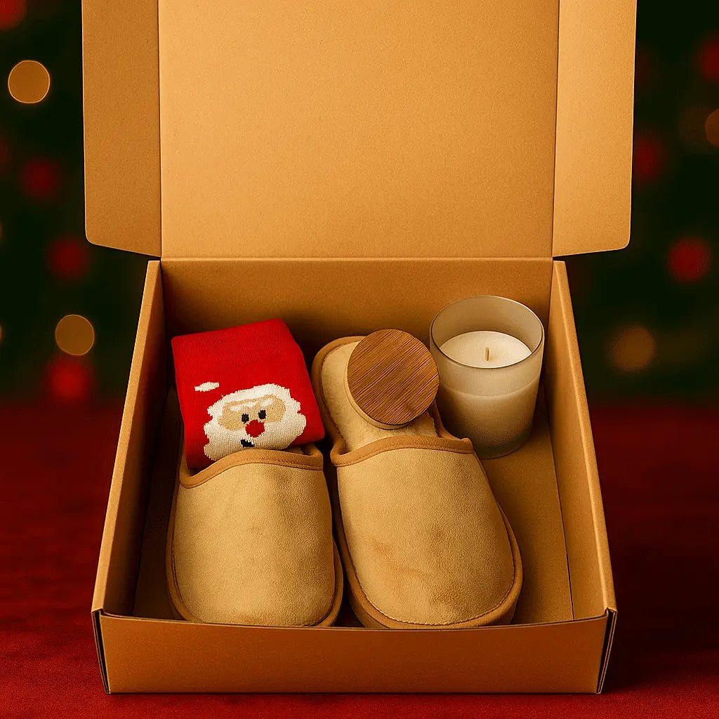 Box Especial de Natal com chinelos bege, vela em copo de vidro com tampa de bambu e meias de Natal.