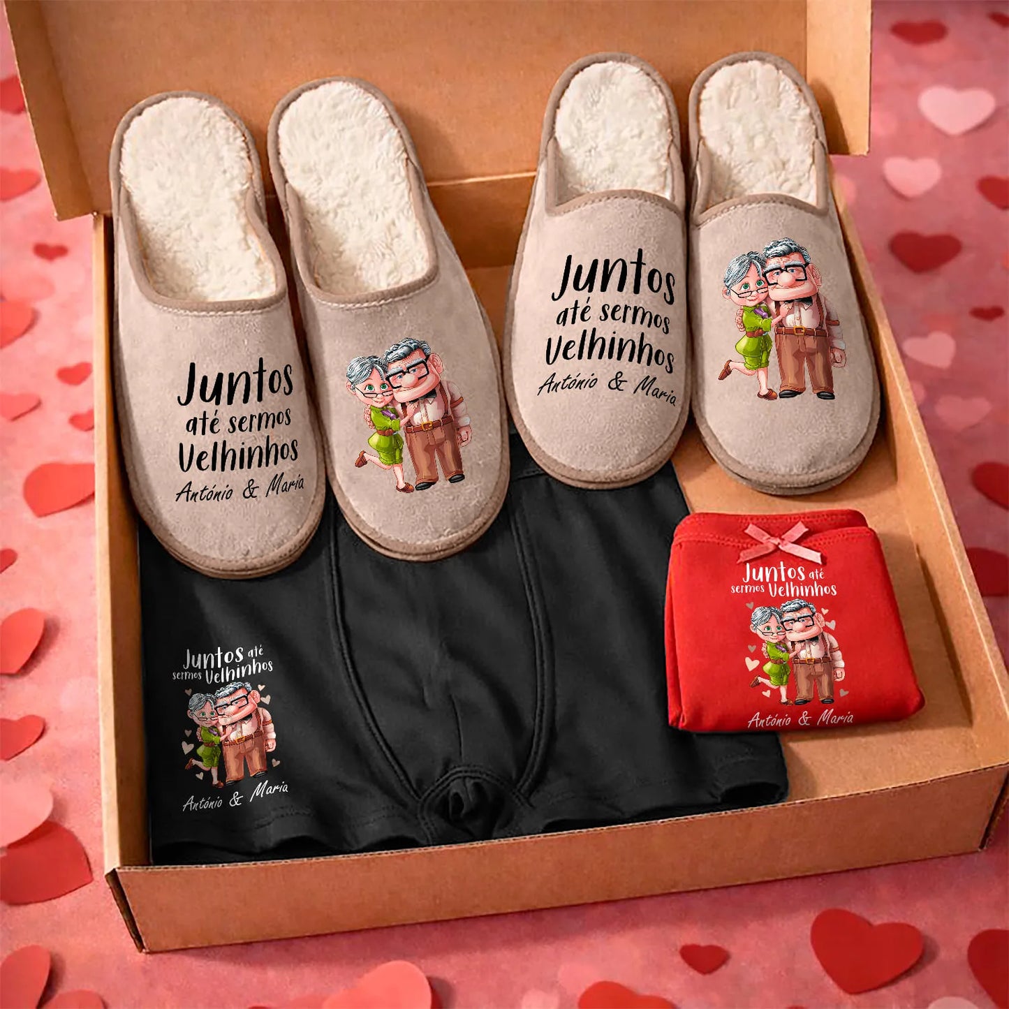 Box Dia dos Namorados personalizada com nome(s) e composta por chinelos, boxer e cueca.