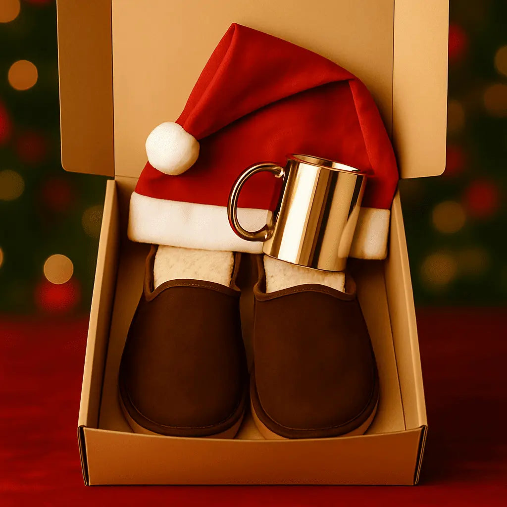 Box Especial de Natal com chinelos castanhos, caneca dourada e gorro de Natal.